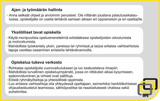 Vuorovaikutteinen ja osallistava etäopetus tukee opiskelijan psykososiaalista hyvinvointia (Lähde: eOPE-hanke) Vuorovaikutteinen ja osallistava etäopetus tukee opiskelijan psykososiaalista hyvinvointia (Lähde: eOPE-hanke)